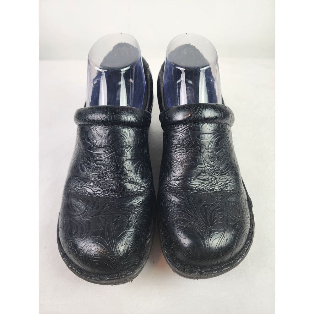 BOC BORN Concept Sz 8.5"Peggy" Women`s Black Leather Tooled Slip On Clogs Shoes